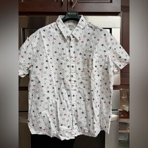 Button-Up Short Sleeve Star & Flag Print Shirt - White